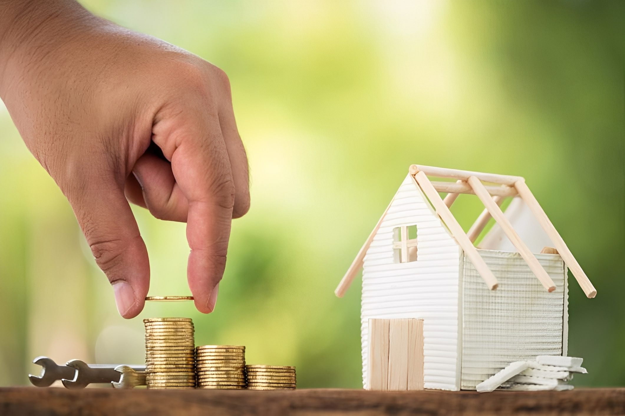 Hand stacking coins beside model house.