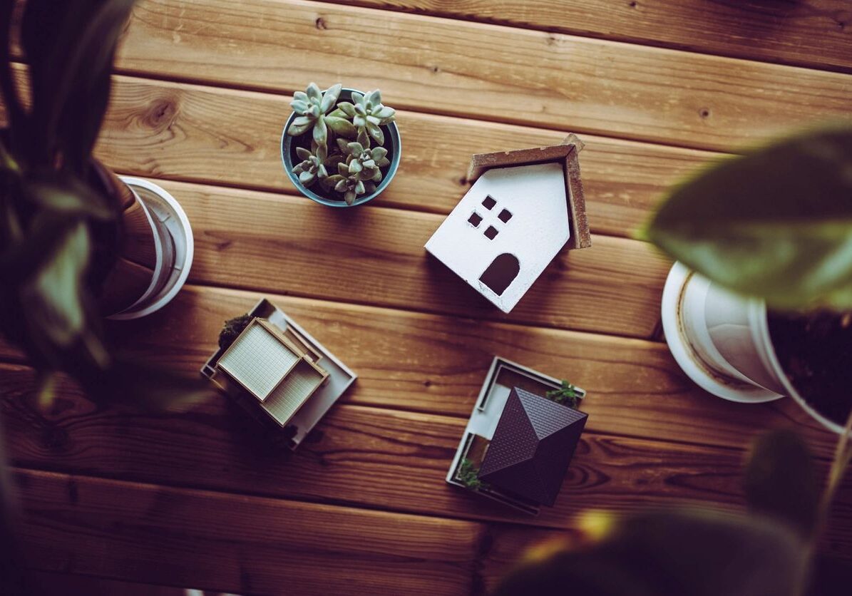 A table displaying a small house, several plants, and a decorative plant pot.